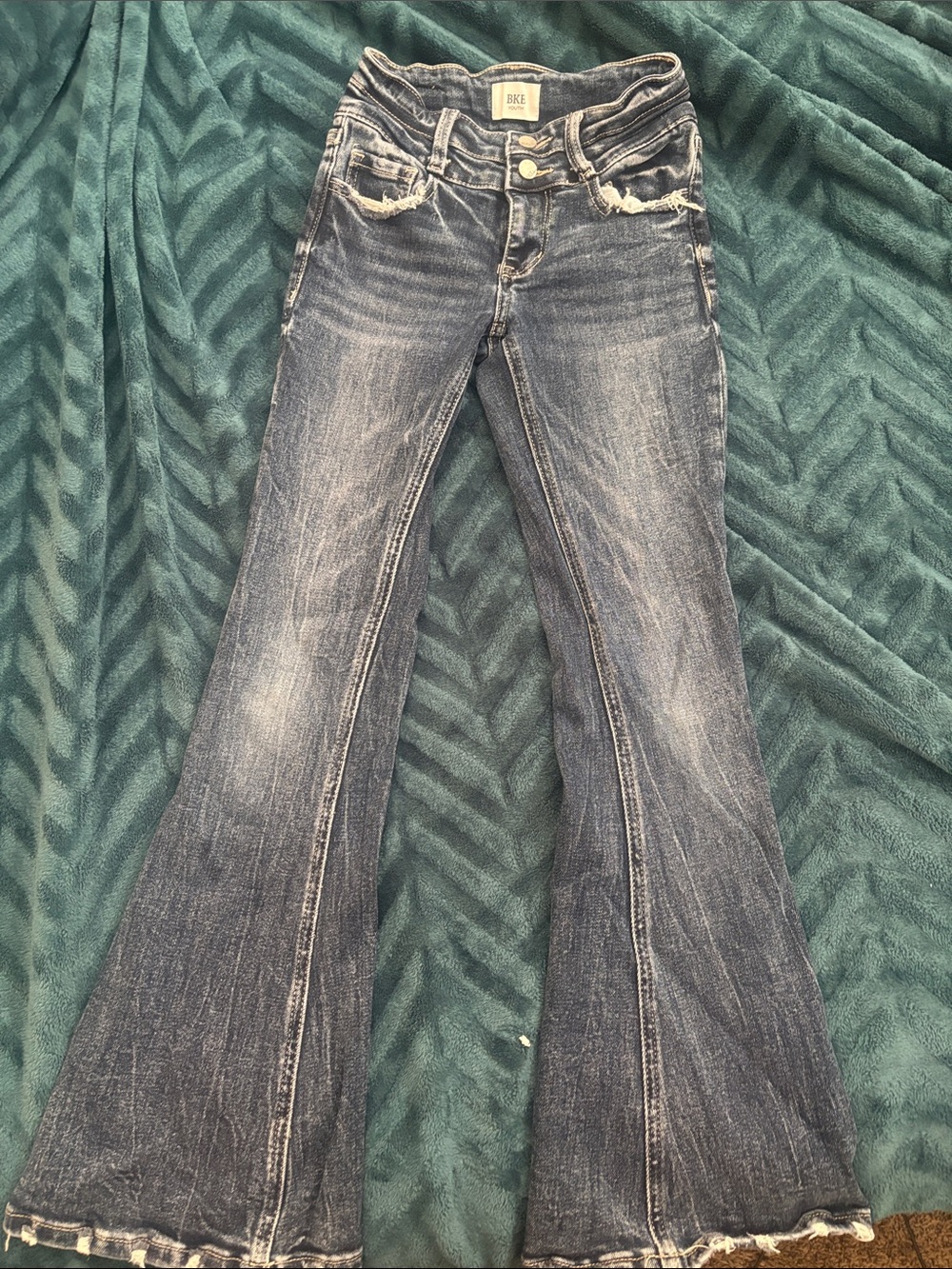 BKE Women's Medium-Dark Blue Flare Jeans with Distressed Trim